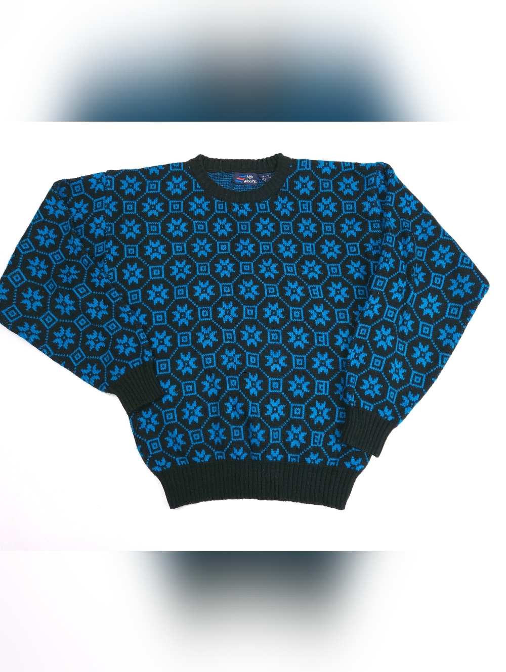High Velocity Vintage 90s Men's Acrylic Blue Geometric Pullover Sweater Large